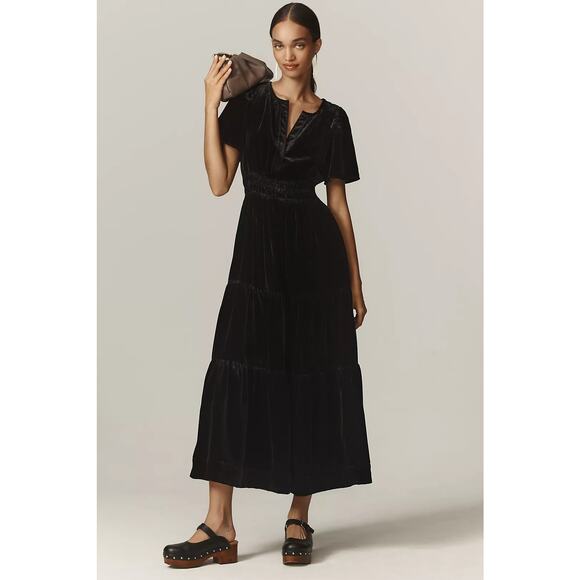 NWT Anthropologie The Somerset Maxi Dress: Velvet Edition $180 XXS Petite BLACK - Picture 1 of 4